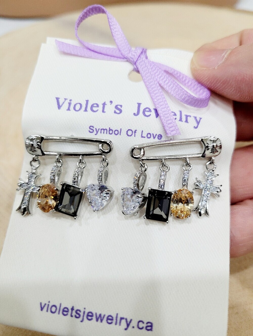 Brand New Silver Safty Pin Rhinestone Cross Earrings
